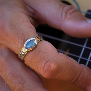 Close-up of a hand wearing a gold ring with a blue stone.