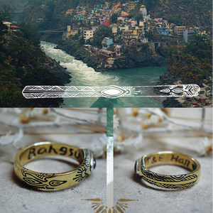 Collage of a scenic view with a river and buildings, followed by two gold rings with engraved text.