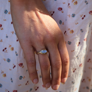 Hand wearing a gold ring with a stone on a floral-patterned fabric background