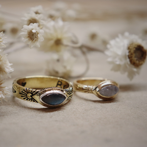 Two gold rings with gemstones on a textured surface with dried flowers in the background